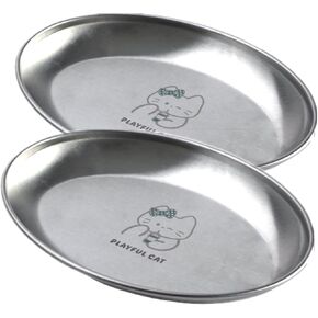 SHENGOCASE 2-Pack 7.3" Extra Wide Oval Shallow Cat Food Bowls Dish, Cute 304 Stainless Steel Anti Whisker Fatigue Cat Plate,Whisker Friendly & Relief Cat Plate for Big Cats (Without Mat)