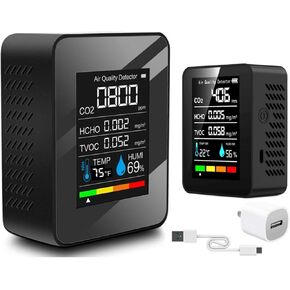 5-in-1 Indoor Air Quality Monitor, Professional Portable Detector & Accurate CO2, TVOC, HCHO, Humidity& Temperature Particle Counter, for Home, School, Hotel,Office,Car Air Quality Tester (Blcak)