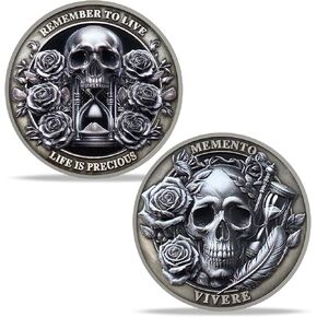 Memento Mori Coin Stoic Coin Blue White Celadon Porcelain Skull Hourglass Memento Vivere Carpe Diem Mortality Amor Fati Medallion Time Commemorative Coin Keepsake Reminder Gifts for Family Friends