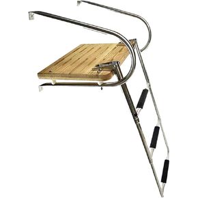 MARINE CITY Stainless Steel 3 Step O/B Swim Teak Platform Ladder Telescoping Boat Ladder for Marines – Boats – Ships – Yachts (Pack of 1)