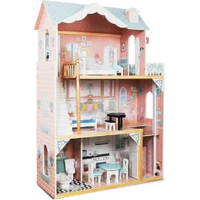 Lil' Jumbl Kids Wooden Dollhouse, with Elevator, Balcony & Stairs, Accessories & Furniture Included X-Large 3 Story Easy to Assemble Doll House Toy