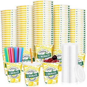Meanplan 300 Pieces/100 Sets Lemonade Cups with Lids and Straws Disposable Cups for Party Decorative Lemon Paper Cup Lemonade Stand Supplies for Water Juice Kitchen Coffee Birthday Decorations (16 oz) in Kuwait