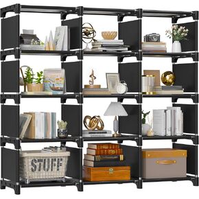 REIBII Book Shelf, DIY Tall Bookcase, 18 Grey Cube Storage Organizers for Bedroom Office Living Room Closet, 11.81" D x 47.21" W x 70.91" H