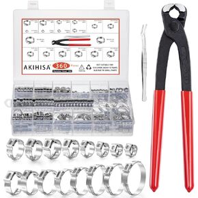 360pcs 16 Sizes Single Ear Hose Clamps, 5.3-36.1mm Stainless Steel_304 Crimp Hose Clamps Cinch Rings Assortment Kit for Automotive, Pipe, Plumbing