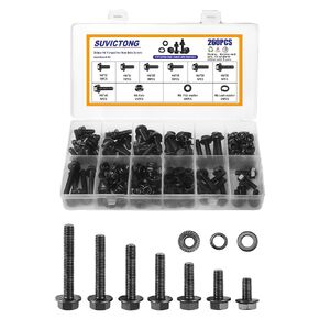 128 Pcs M8 Black Flange Hex Head Bolts Assortment Kit with Serrated Flange Nuts,Washers & Lock Spring Washers,M8-1.0x12/16/20/25/30/35/40mm Hex Head Screw,Carbon Steel Full Thread DIN 6921