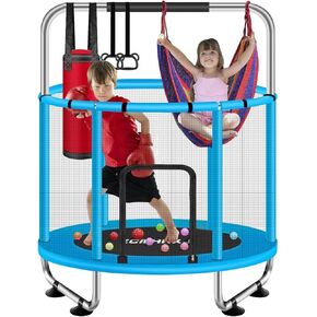 Trampoline for Kids, 55" Toddler Trampoline Indoor & Outdoor, 440lbs Capacity Baby Trampoline with Enclosure, Mini Trampoline with Adjustable Gymnastics Bar&Toys, Gifts for Boys&Girls