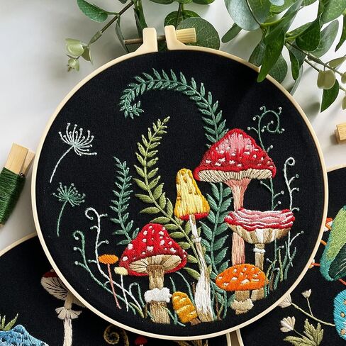 Myfelicity Embroidery Kit with Mushroom Patterns, 3 Hoops, Fabric, Threads, Needles, Instructions (red) in Saudi Arabia