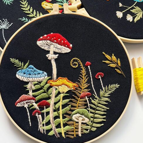 Myfelicity Embroidery Kit with Mushroom Patterns, 3 Hoops, Fabric, Threads, Needles, Instructions (red) in Saudi Arabia