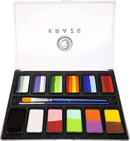 KRAZE FX أساسيات Professional 12 Color Face Paint (6 GM) مع فرشين - تنشيط الماء ، HYPOALERGENIC ، آمن ، طقم للوجه غير السامة للبشرة الحساسة ، والأطفال والكبار in Kuwait