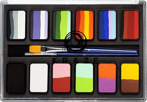 KRAZE FX أساسيات Professional 12 Color Face Paint (6 GM) مع فرشين - تنشيط الماء ، HYPOALERGENIC ، آمن ، طقم للوجه غير السامة للبشرة الحساسة ، والأطفال والكبار in Kuwait