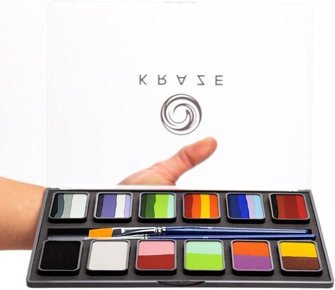 KRAZE FX أساسيات Professional 12 Color Face Paint (6 GM) مع فرشين - تنشيط الماء ، HYPOALERGENIC ، آمن ، طقم للوجه غير السامة للبشرة الحساسة ، والأطفال والكبار in Kuwait
