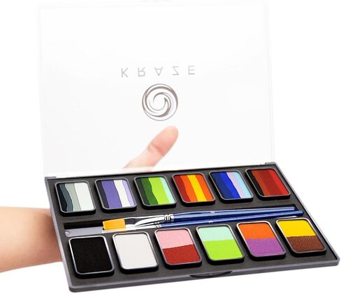 KRAZE FX أساسيات Professional 12 Color Face Paint (6 GM) مع فرشين - تنشيط الماء ، HYPOALERGENIC ، آمن ، طقم للوجه غير السامة للبشرة الحساسة ، والأطفال والكبار in Kuwait