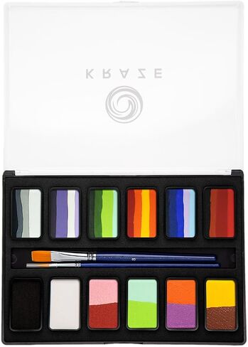 KRAZE FX أساسيات Professional 12 Color Face Paint (6 GM) مع فرشين - تنشيط الماء ، HYPOALERGENIC ، آمن ، طقم للوجه غير السامة للبشرة الحساسة ، والأطفال والكبار in Kuwait