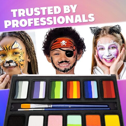 KRAZE FX أساسيات Professional 12 Color Face Paint (6 GM) مع فرشين - تنشيط الماء ، HYPOALERGENIC ، آمن ، طقم للوجه غير السامة للبشرة الحساسة ، والأطفال والكبار in Kuwait