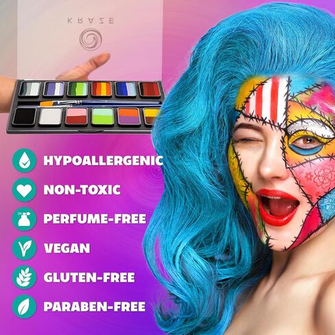 KRAZE FX أساسيات Professional 12 Color Face Paint (6 GM) مع فرشين - تنشيط الماء ، HYPOALERGENIC ، آمن ، طقم للوجه غير السامة للبشرة الحساسة ، والأطفال والكبار in Kuwait