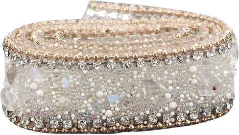 2.5cm DIY Mesh Wrap Roll Crystal Rhinestones Chain Trim Ribbon for Wedding Party Centerpiece Vase Sparkling Decoration (Blue Stone + Gold Bead Chain) in Saudi Arabia