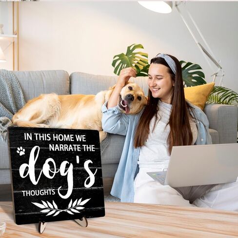Dog Sign Desk Decor Wood Plaque Sign, In This Home We Narrate The Dog's Thoughts, Funny Gift for Dog Lovers, Wood Sign for Women Men Family Living Room Home Decor, 5.9 x 5.9 inche(Black+White) in Saudi Arabia