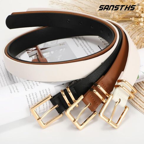 أحزمة جلدية للسيدات من SANSTHS مكونة من 3 قطع لفساتين بناطيل الجينز وحزام الخصر للسيدات مع إبزيم مربع ذهبي in Kuwait