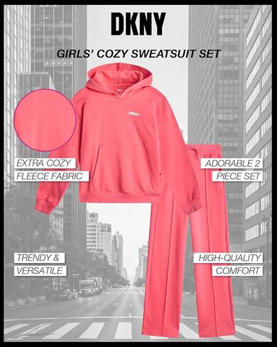 DKNY Girls' Jogger Set - 2 Piece Soft Fleece Athletic Pullover Hooded Sweatshirt and Jogger Sweatpants for Girls (Sizes:7-12) in Kuwait