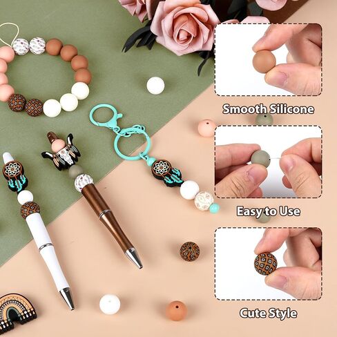 120pcs Silicone Beads for Keychain Making,Focal Beads and 15mm 12mm Silicone Beads for Pens Bracelet Making DIY kit (Flamingo) in Kuwait