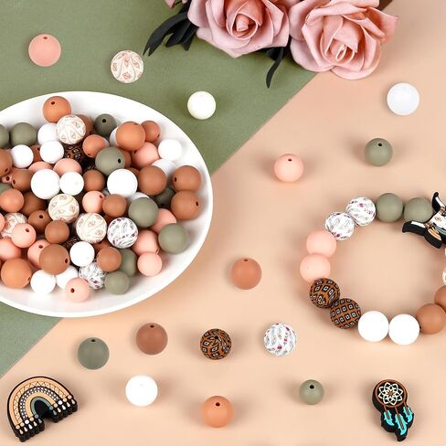 120pcs Silicone Beads for Keychain Making,Focal Beads and 15mm 12mm Silicone Beads for Pens Bracelet Making DIY kit (Flamingo) in Kuwait
