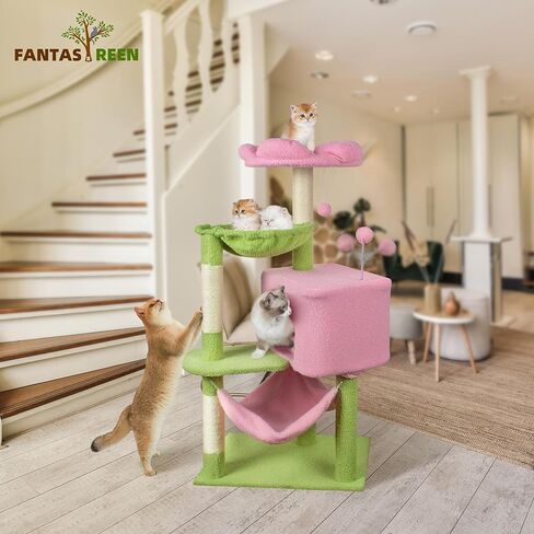 Flower Cat Tree, 39.4 Inches Large Cat Tower with Hammock and Cat Condo, Tall Cat Tree with Toys for Large Indoor Cats - Pink in Kuwait