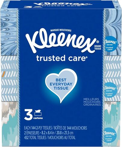 Kleenex Trusted Care Facial Tissues, 3 Flat Boxes, 160 Tissues per Box, 2-Ply (480 Total Tissues), Packaging May Vary in Kuwait