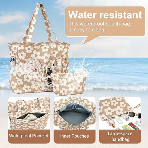LOIDOU Large Tote Beach Bag Waterproof Sandproof Beach Pool bag with Zipper & Wet Pockets Shoulder Bag Travel Teacher Grocery in Kuwait