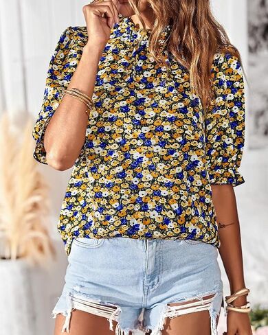 BTFBM Women's Summer Boho Shirt Top Ruffle Short Sleeve Frill Trim Mock Neck Floral Solid 2023 Casual Blouses Shirts Tops in Kuwait
