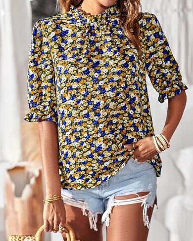 BTFBM Women's Summer Boho Shirt Top Ruffle Short Sleeve Frill Trim Mock Neck Floral Solid 2023 Casual Blouses Shirts Tops in Kuwait