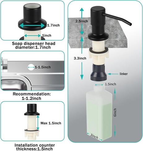 Built in Soap Dispenser for Kitchen Sink, Brushed Nickel Stainless Steel Countertop Pump Head (Plastic Built-in), Dish Soap Hand Lotion Dispenser with Refillable 17OZ Bottle (Brushed Nickel) in Saudi Arabia