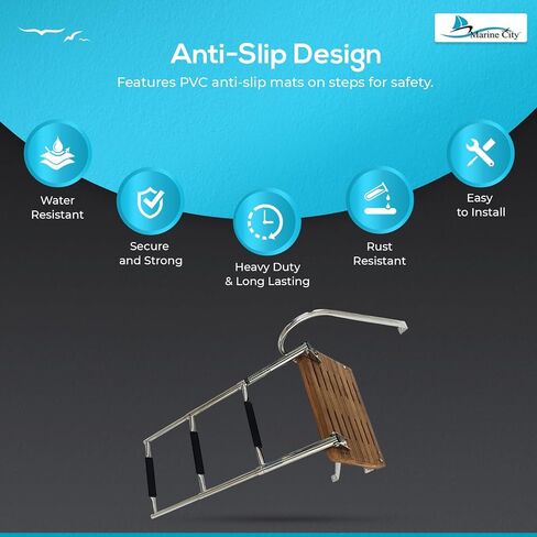 MARINE CITY Stainless Steel 3 Step O/B Swim Teak Platform Ladder Telescoping Boat Ladder for Marines – Boats – Ships – Yachts (Pack of 1) in Saudi Arabia