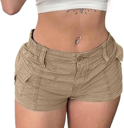 Doloame Women Sexy Y2K Cargo Shorts Solid Retro Low Cut Elastic Pocket Joggers Denim Short Sweatpant Streetwear in Kuwait