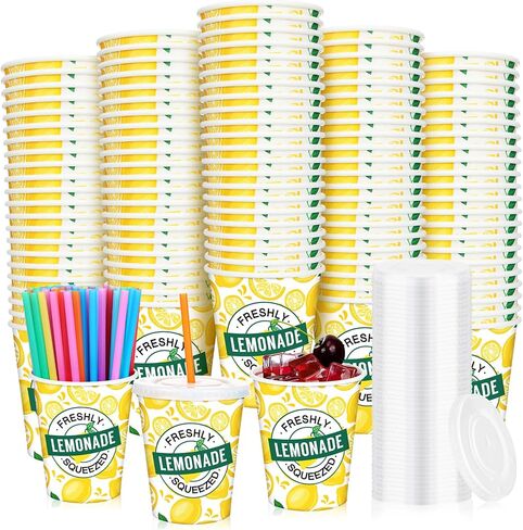 Meanplan 300 Pieces/100 Sets Lemonade Cups with Lids and Straws Disposable Cups for Party Decorative Lemon Paper Cup Lemonade Stand Supplies for Water Juice Kitchen Coffee Birthday Decorations (16 oz) in Kuwait