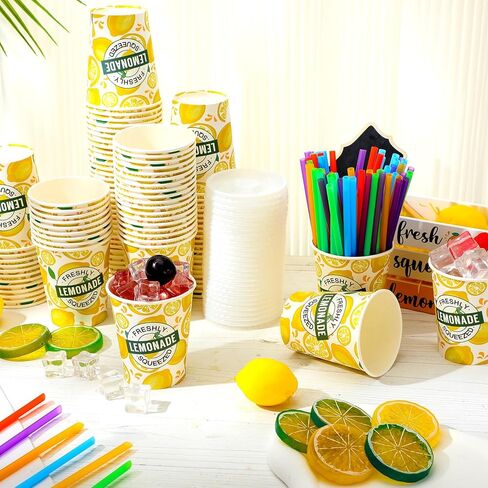 Meanplan 300 Pieces/100 Sets Lemonade Cups with Lids and Straws Disposable Cups for Party Decorative Lemon Paper Cup Lemonade Stand Supplies for Water Juice Kitchen Coffee Birthday Decorations (16 oz) in Kuwait