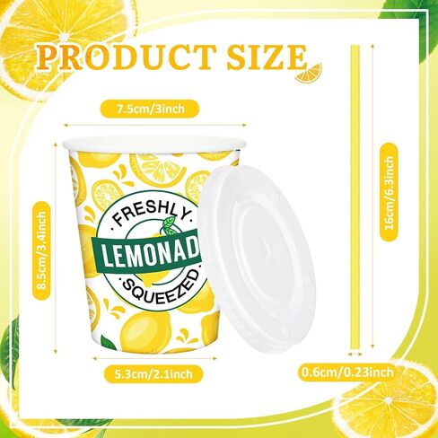 Meanplan 300 Pieces/100 Sets Lemonade Cups with Lids and Straws Disposable Cups for Party Decorative Lemon Paper Cup Lemonade Stand Supplies for Water Juice Kitchen Coffee Birthday Decorations (16 oz) in Kuwait