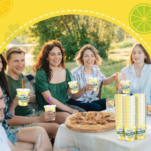 Meanplan 300 Pieces/100 Sets Lemonade Cups with Lids and Straws Disposable Cups for Party Decorative Lemon Paper Cup Lemonade Stand Supplies for Water Juice Kitchen Coffee Birthday Decorations (16 oz) in Kuwait