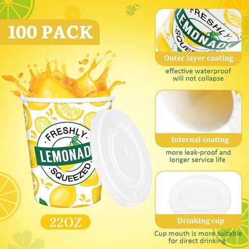 Meanplan 300 Pieces/100 Sets Lemonade Cups with Lids and Straws Disposable Cups for Party Decorative Lemon Paper Cup Lemonade Stand Supplies for Water Juice Kitchen Coffee Birthday Decorations (16 oz) in Kuwait