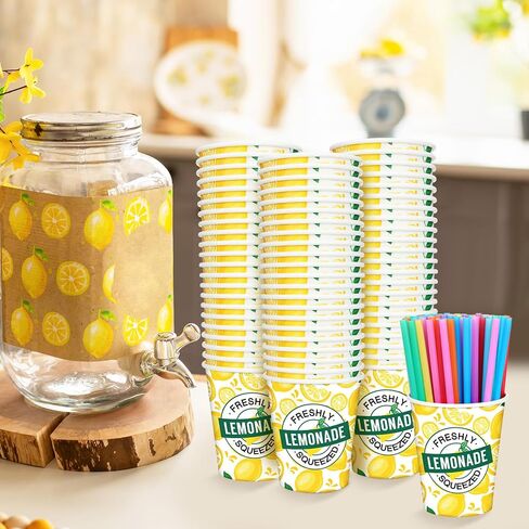 Meanplan 300 Pieces/100 Sets Lemonade Cups with Lids and Straws Disposable Cups for Party Decorative Lemon Paper Cup Lemonade Stand Supplies for Water Juice Kitchen Coffee Birthday Decorations (16 oz) in Kuwait