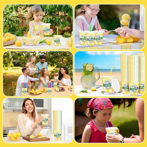 Meanplan 300 Pieces/100 Sets Lemonade Cups with Lids and Straws Disposable Cups for Party Decorative Lemon Paper Cup Lemonade Stand Supplies for Water Juice Kitchen Coffee Birthday Decorations (16 oz) in Kuwait
