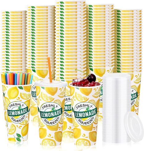 Meanplan 300 Pieces/100 Sets Lemonade Cups with Lids and Straws Disposable Cups for Party Decorative Lemon Paper Cup Lemonade Stand Supplies for Water Juice Kitchen Coffee Birthday Decorations (16 oz) in Kuwait
