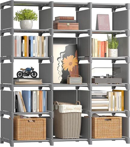رف الكتب Reibii ، خزانة الكتب TALL DIY ، 18 منظمي تخزين المكعب الرمادي لغرفة غرفة نوم خزانة غرفة المعيشة ، 11.81 "D x 47.21" W x 70.91 "H in Kuwait