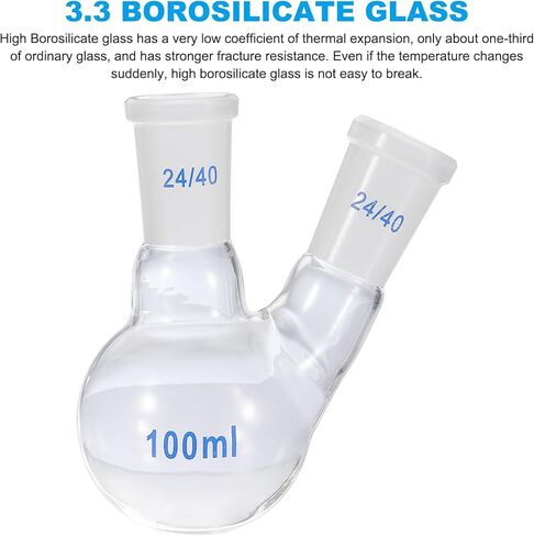 PATIKIL 100ml Boiling Flask, 3.3 Borosilicate Glass 2 Neck Round Bottom Flask Heavy Wall with 24/40 Standard Taper Outer Joint for Laboratory, Clear in Saudi Arabia