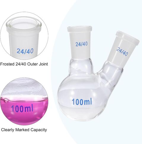 PATIKIL 100ml Boiling Flask, 3.3 Borosilicate Glass 2 Neck Round Bottom Flask Heavy Wall with 24/40 Standard Taper Outer Joint for Laboratory, Clear in Saudi Arabia