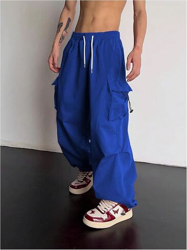 OYOANGLE Men's Baggy Cargo Pants Elastic Drawstring Waist Flap Pocket Y2K Hip Hop Trousers in Saudi Arabia
