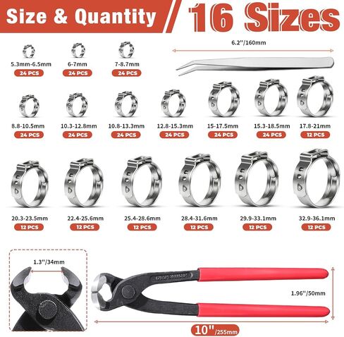 360pcs 16 Sizes Single Ear Hose Clamps, 5.3-36.1mm Stainless Steel_304 Crimp Hose Clamps Cinch Rings Assortment Kit for Automotive, Pipe, Plumbing in Saudi Arabia
