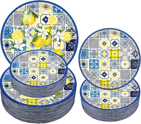 100PCS CAPRI LEMON Party Party Supplies Blue Tiles Leemon Lemon Party Decorations 9 "Blue Tiles Lemon Plates 7" Paper Paper Plaor Plates Lemon Forms for Lemon Birthday Party Decorations (Blue) in Kuwait