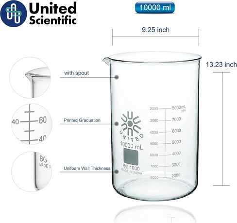 United Scientific BG1000-20000 Borosilicate Laboratory Grade Glass Beakers, Griffin Low Form Beaker, Graduated with Spout, Designed for Laboratories & Chemistry Classrooms, 20000mL Capacity in Saudi Arabia