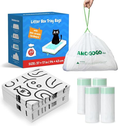 20 Pack Cat Litter Bags, Compatible with PetSafe Crystal Litter Box Tray Refill, with Anti-scratch Cardboard, Heavy Duty, Leak-proof Thick Drawstring Litter Box Liners, 37" x 17" in Kuwait