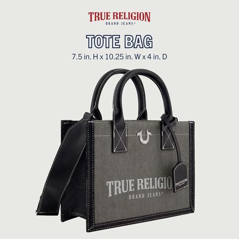 حقيبة يد نسائية من True Religion، حقيبة يد متوسطة الحجم للسفر مع حزام كتف قابل للتعديل وشعار حدوة الحصان، من الدينيم in Saudi Arabia